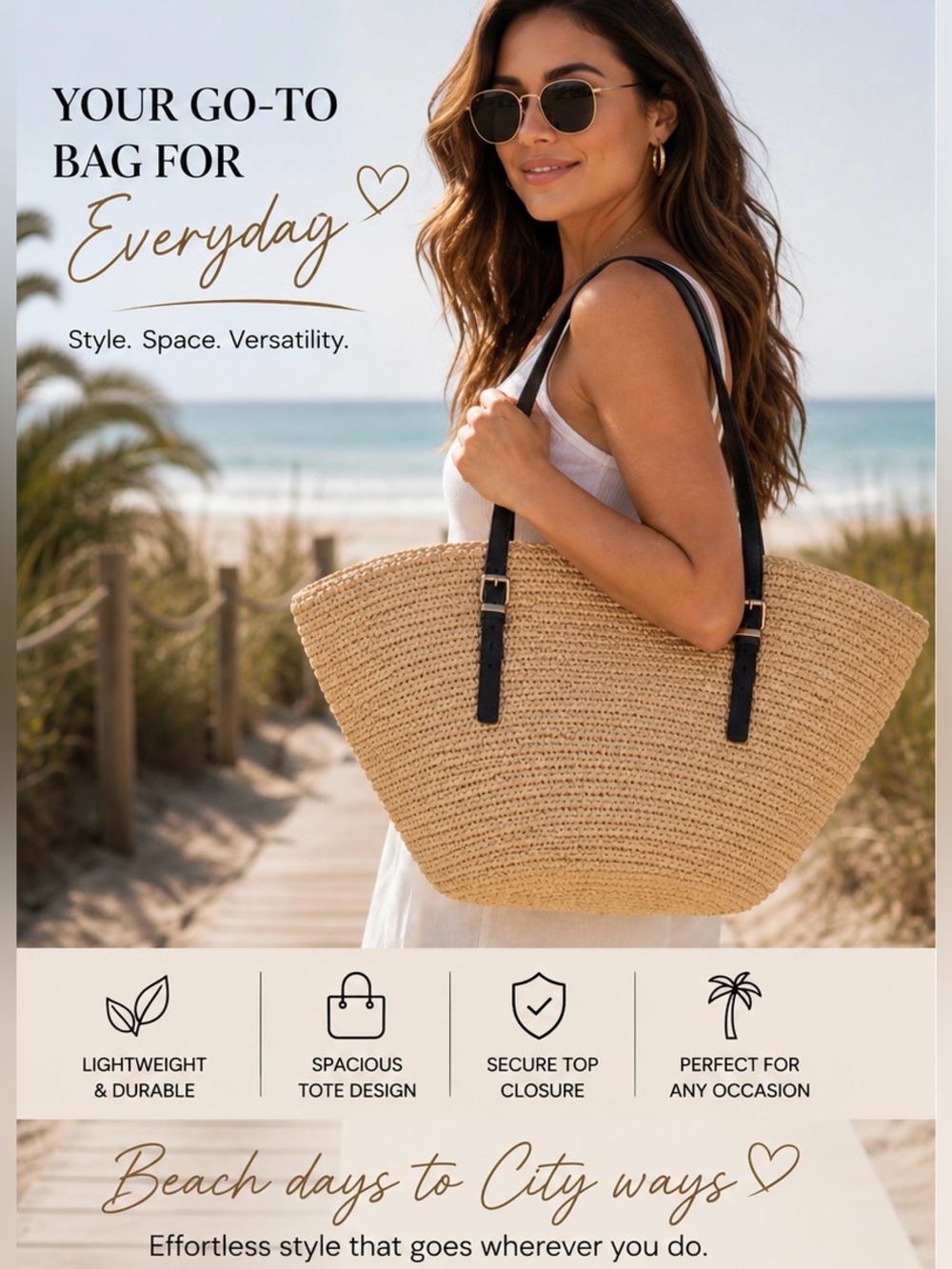 Michael Kors Straw Tote with Black Leather Straps